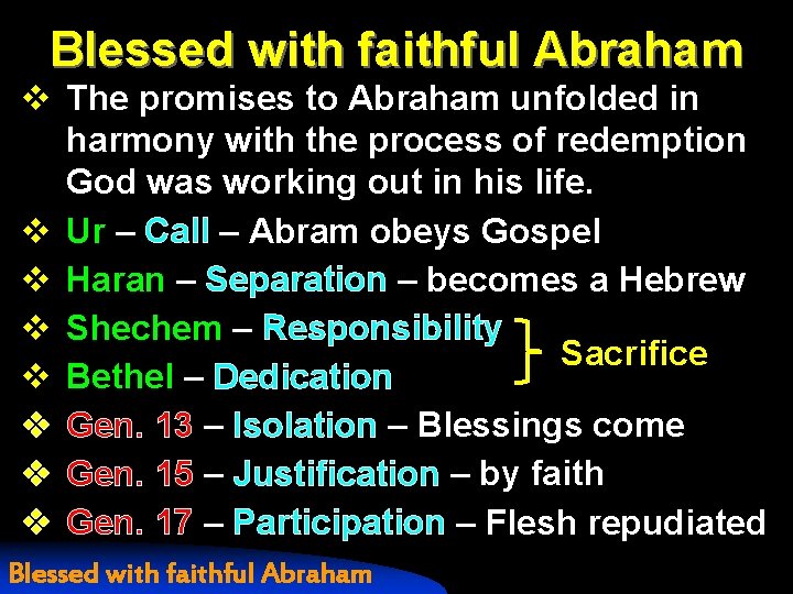 Blessed with faithful Abraham v The promises to Abraham unfolded in harmony with the