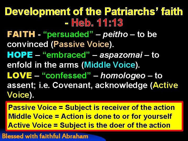 Development of the Patriarchs’ faith - Heb. 11: 13 FAITH - “persuaded” – peitho