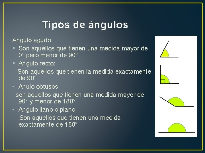 Tipos de ángulos Angulo agudo: § Son aquellos que tienen una medida mayor de