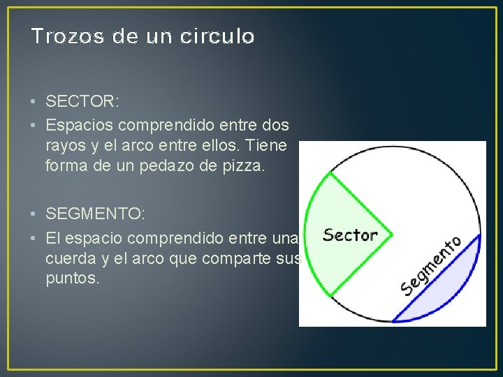 Trozos de un circulo • SECTOR: • Espacios comprendido entre dos rayos y el