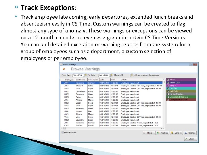  Track Exceptions: Track employee late coming, early departures, extended lunch breaks and absenteeism