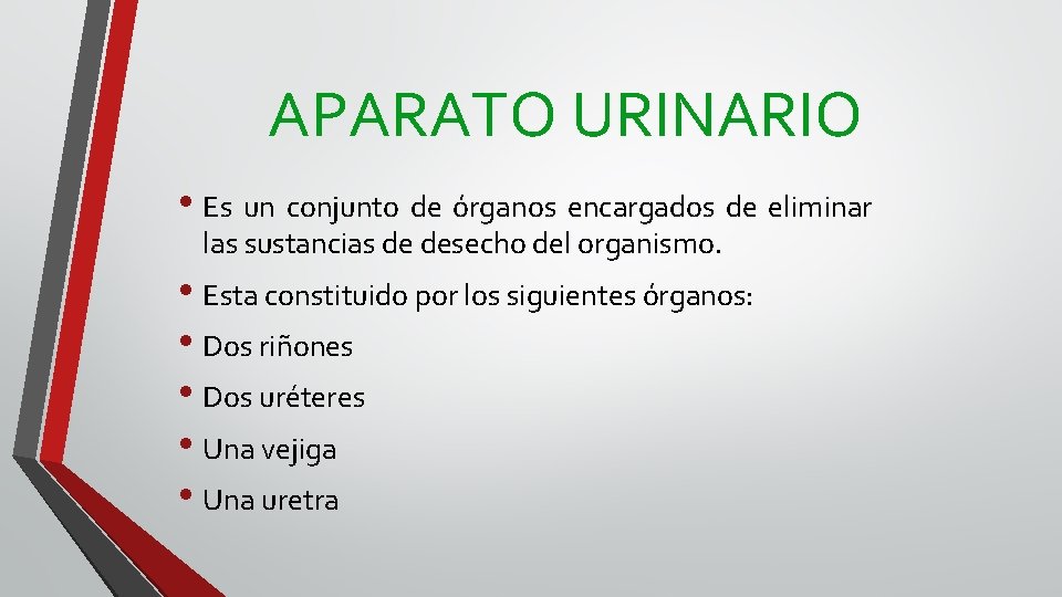 APARATO URINARIO • Es un conjunto de órganos encargados de eliminar las sustancias de