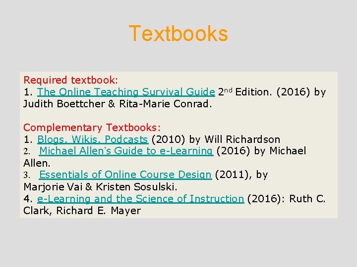 Textbooks Required textbook: 1. The Online Teaching Survival Guide 2 nd Edition. (2016) by Textbooks Required textbook: 1. The Online Teaching Survival Guide 2 nd Edition. (2016) by