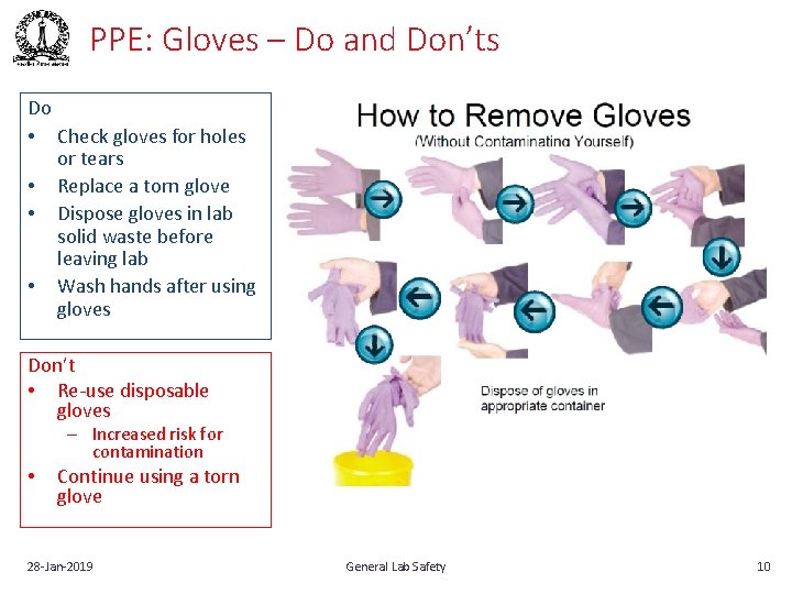 PPE: Gloves – Do and Don’ts Do • Check gloves for holes or tears
