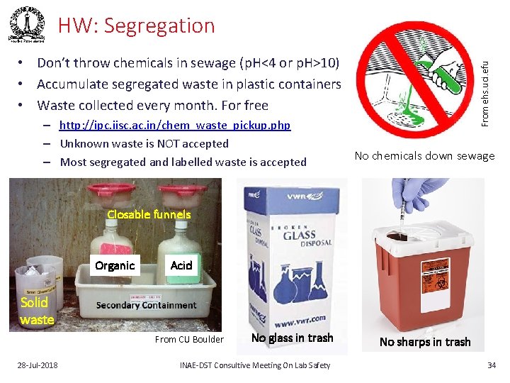 HW: Segregation – http: //ipc. iisc. ac. in/chem_waste_pickup. php – Unknown waste is NOT