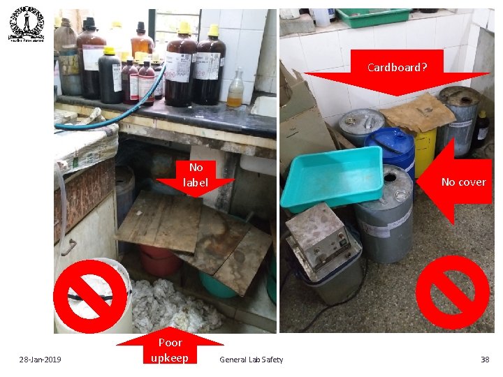 Cardboard? No label 28‐Jan‐ 2019 Poor upkeep No cover General Lab Safety 38 