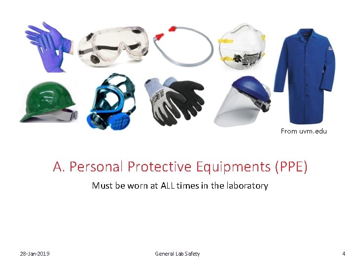 From uvm. edu A. Personal Protective Equipments (PPE) Must be worn at ALL times