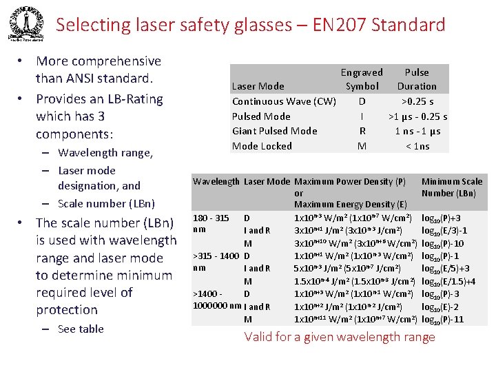 Selecting laser safety glasses – EN 207 Standard • More comprehensive than ANSI standard.