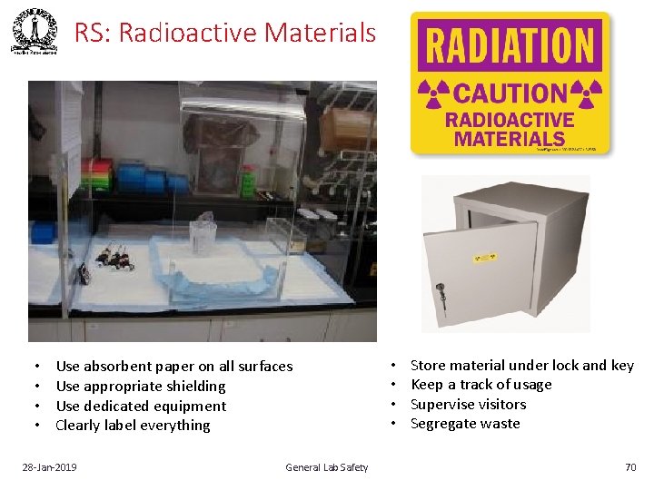 RS: Radioactive Materials • • Use absorbent paper on all surfaces Use appropriate shielding