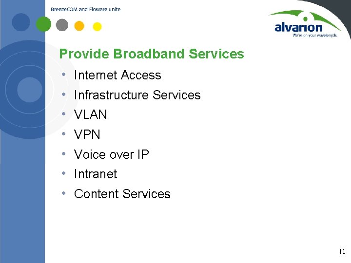 Provide Broadband Services • • 11 Internet Access Infrastructure Services VLAN VPN Voice over