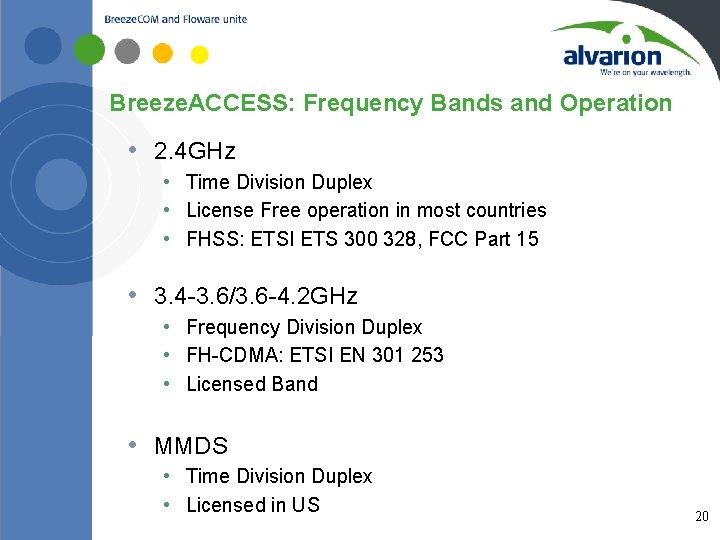 Breeze. ACCESS: Frequency Bands and Operation • 2. 4 GHz • Time Division Duplex