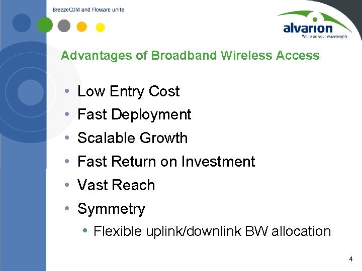 Advantages of Broadband Wireless Access • • • 4 Low Entry Cost Fast Deployment