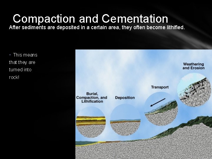 Compaction and Cementation After sediments are deposited in a certain area, they often become
