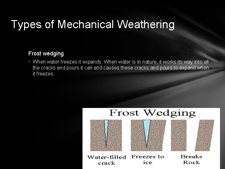 Types of Mechanical Weathering Frost wedging • When water freezes it expands. When water