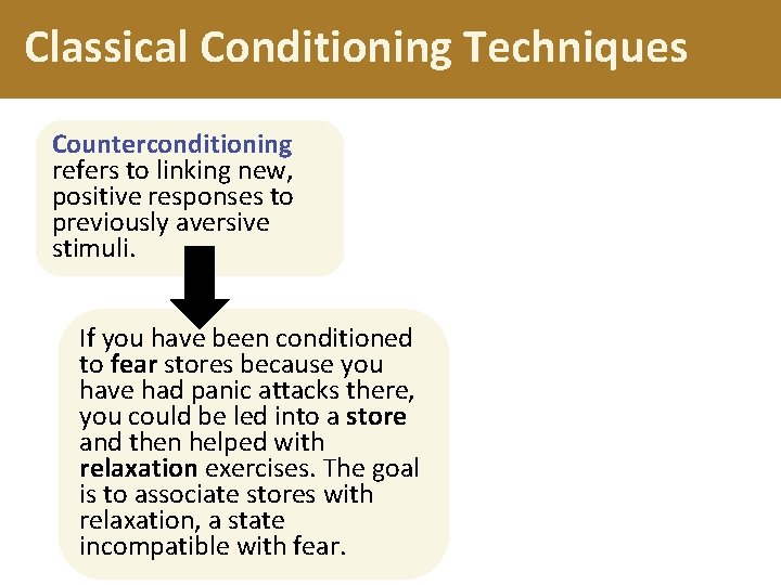 Classical Conditioning Techniques Counterconditioning refers to linking new, positive responses to previously aversive stimuli.