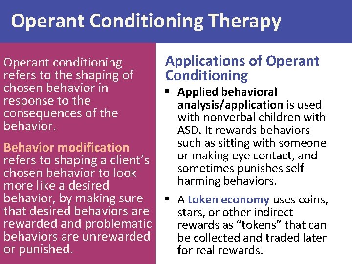 Operant Conditioning Therapy Operant conditioning refers to the shaping of chosen behavior in response