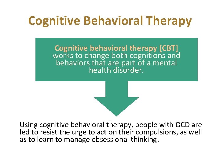 Cognitive Behavioral Therapy Cognitive behavioral therapy [CBT] works to change both cognitions and behaviors