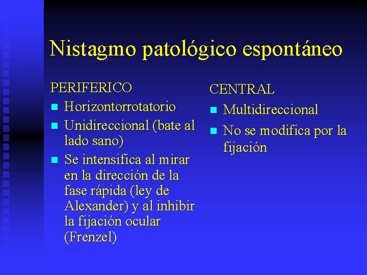Nistagmo patológico espontáneo PERIFERICO CENTRAL n Horizontorrotatorio n Multidireccional n Unidireccional (bate al n