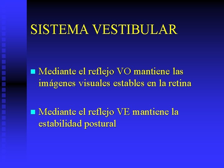 SISTEMA VESTIBULAR n Mediante el reflejo VO mantiene las imágenes visuales estables en la