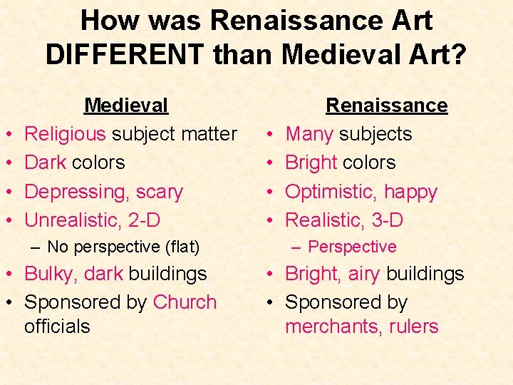 How was Renaissance Art DIFFERENT than Medieval Art? • • Medieval Religious subject matter