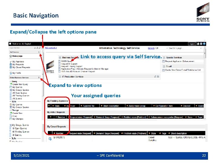 Basic Navigation Expand/Collapse the left options pane Link to access query via Self Service.