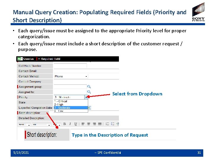 Manual Query Creation: Populating Required Fields (Priority and Short Description) • Each query/issue must