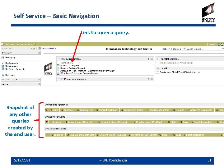 Self Service – Basic Navigation Link to open a query. Snapshot of any other