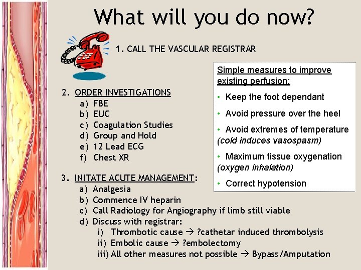 What will you do now? 1. CALL THE VASCULAR REGISTRAR Simple measures to improve