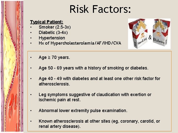 Risk Factors: Typical Patient: • Smoker (2. 5 -3 x) • Diabetic (3 -4