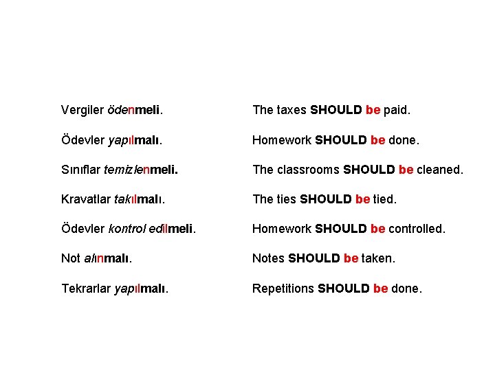 Vergiler ödenmeli. The taxes SHOULD be paid. Ödevler yapılmalı. Homework SHOULD be done. Sınıflar