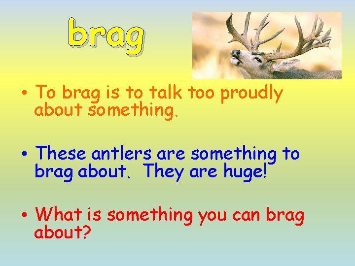 brag • To brag is to talk too proudly about something. • These antlers