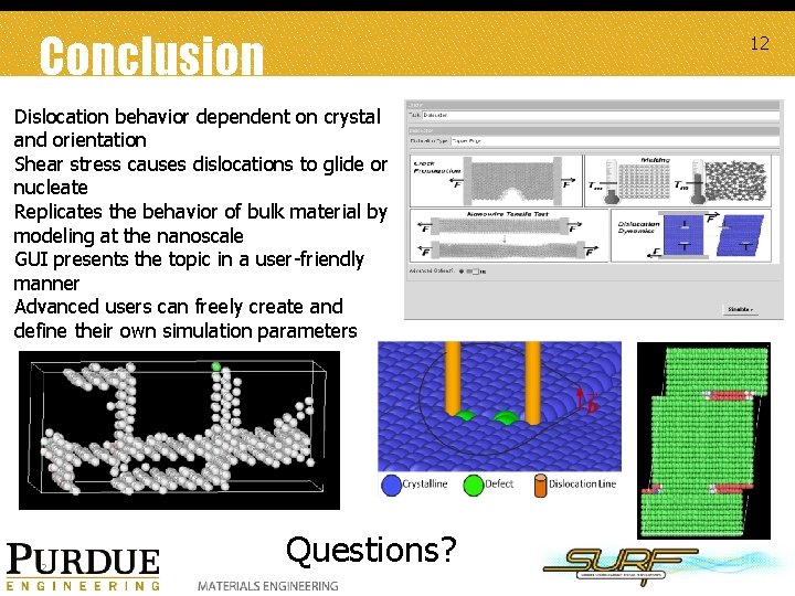 Conclusion 12 Dislocation behavior dependent on crystal and orientation Shear stress causes dislocations to