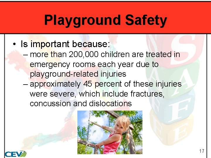 Playground Safety • Is important because: – more than 200, 000 children are treated
