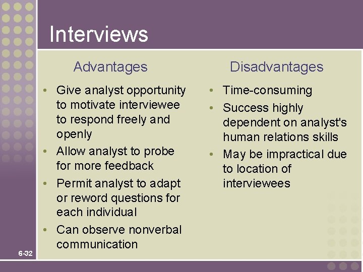 Interviews Advantages 6 -32 • Give analyst opportunity to motivate interviewee to respond freely