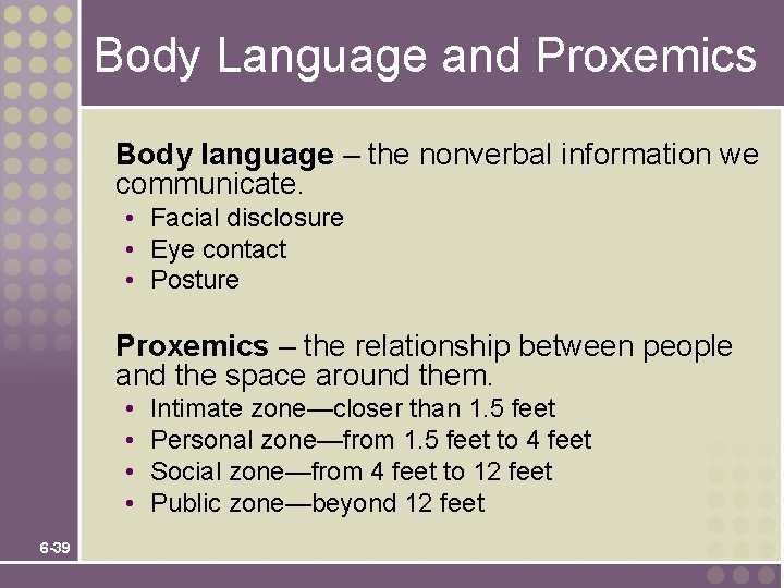 Body Language and Proxemics Body language – the nonverbal information we communicate. • Facial