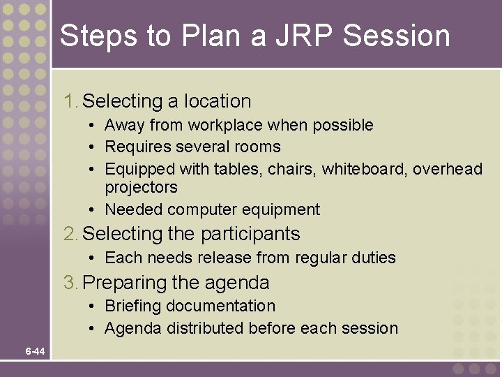 Steps to Plan a JRP Session 1. Selecting a location • Away from workplace