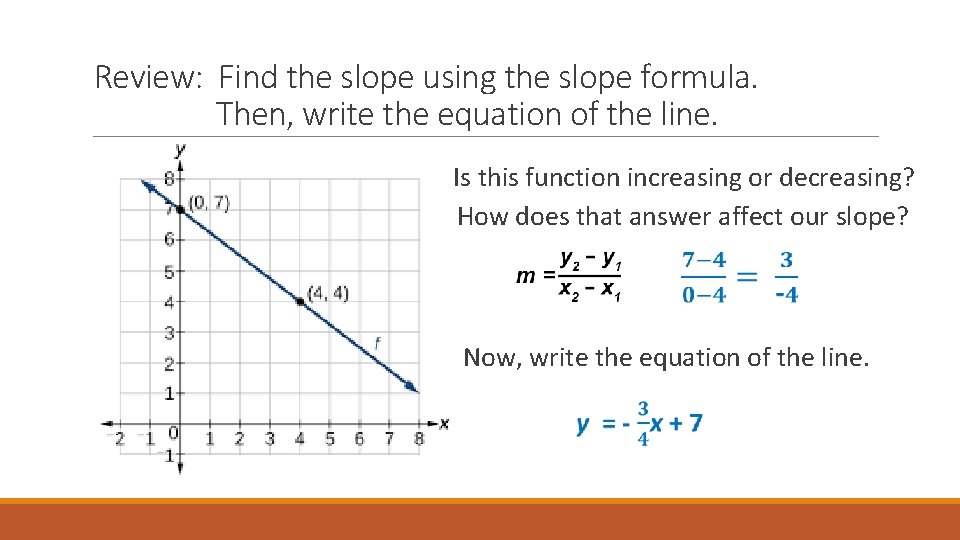Review: Find the slope using the slope formula. Then, write the equation of the