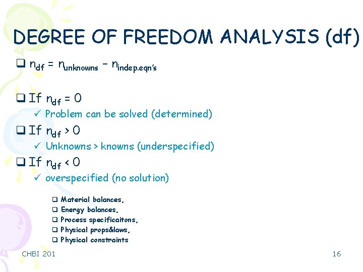 DEGREE OF FREEDOM ANALYSIS (df) q ndf = nunknowns – nindep. eqn’s q If