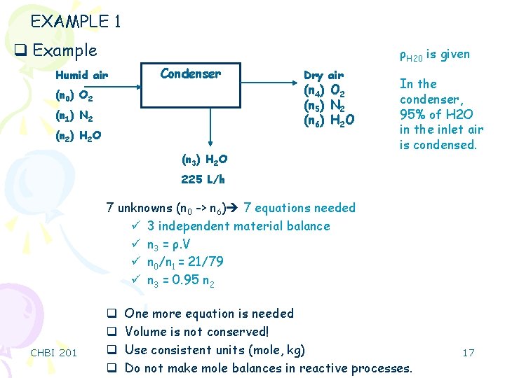 EXAMPLE 1 q Example Humid air Condenser (n 0) O 2 (n 1) N