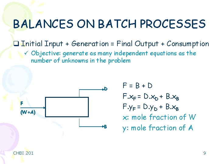 BALANCES ON BATCH PROCESSES q Initial Input + Generation = Final Output + Consumption