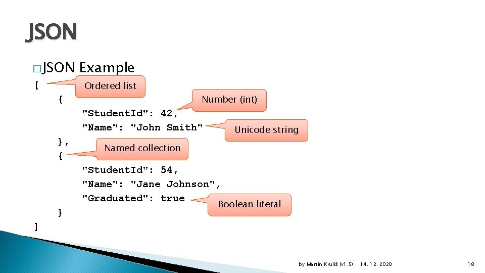 JSON � JSON Example Ordered list [ { Number (int) "Student. Id": 42, "Name":