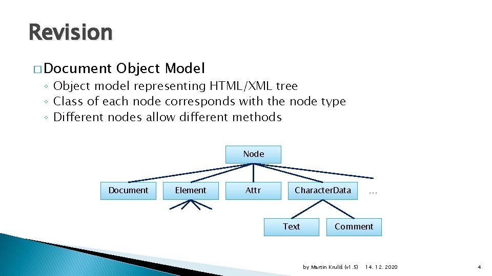 Revision � Document Object Model ◦ Object model representing HTML/XML tree ◦ Class of