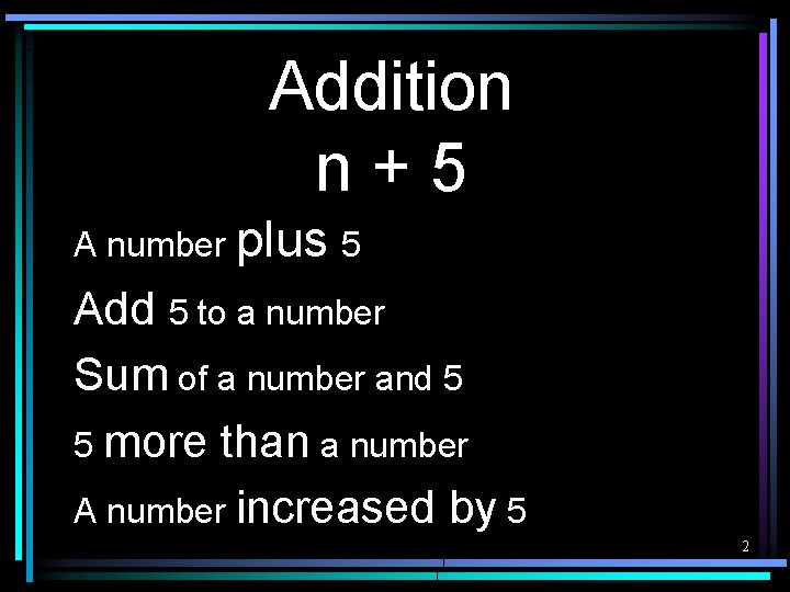 Addition n+5 A number plus 5 Add 5 to a number Sum of a
