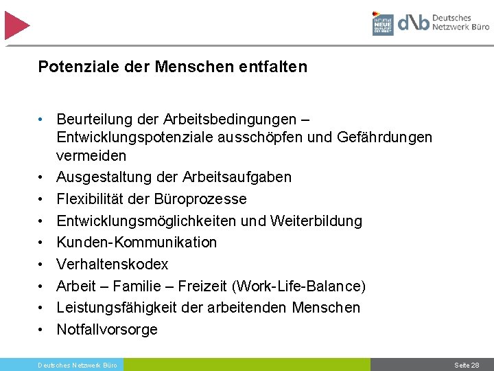 Potenziale der Menschen entfalten • Beurteilung der Arbeitsbedingungen – Entwicklungspotenziale ausschöpfen und Gefährdungen vermeiden