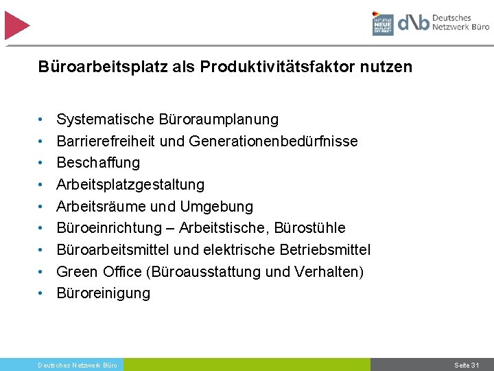 Büroarbeitsplatz als Produktivitätsfaktor nutzen • • • Systematische Büroraumplanung Barrierefreiheit und Generationenbedürfnisse Beschaffung Arbeitsplatzgestaltung