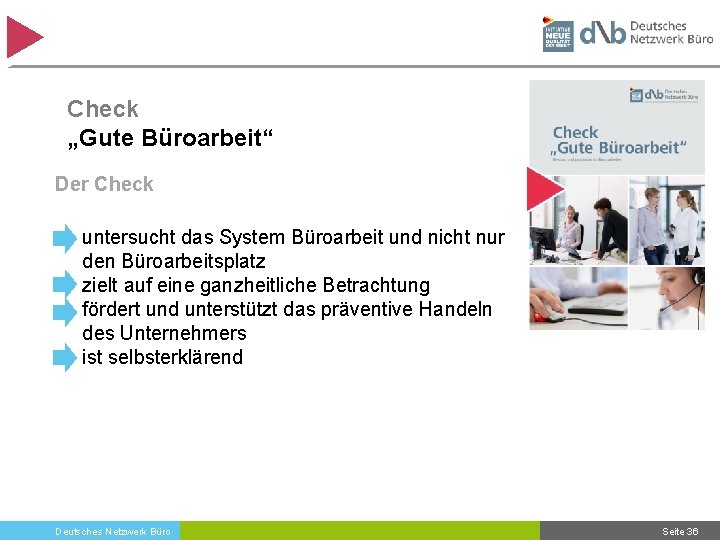 Check „Gute Büroarbeit“ Der Check • untersucht das System Büroarbeit und nicht nur den