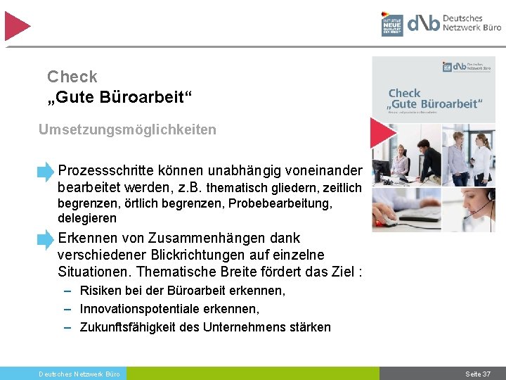 Check „Gute Büroarbeit“ Umsetzungsmöglichkeiten • Prozessschritte können unabhängig voneinander bearbeitet werden, z. B. thematisch