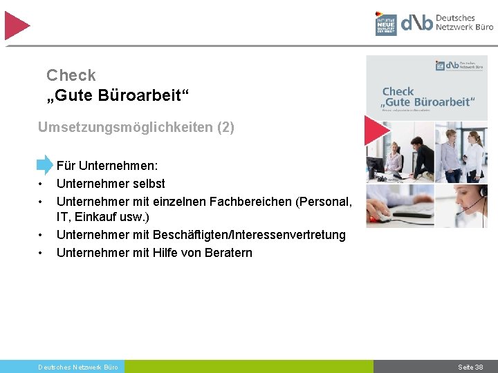 Check „Gute Büroarbeit“ Umsetzungsmöglichkeiten (2) • • • Für Unternehmen: Unternehmer selbst Unternehmer mit