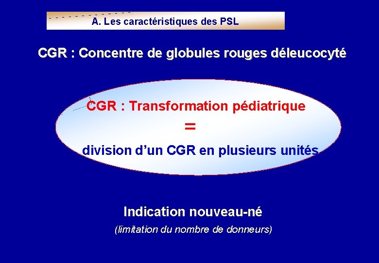 A. Les caractéristiques des PSL CGR : Concentre de globules rouges déleucocyté CGR :