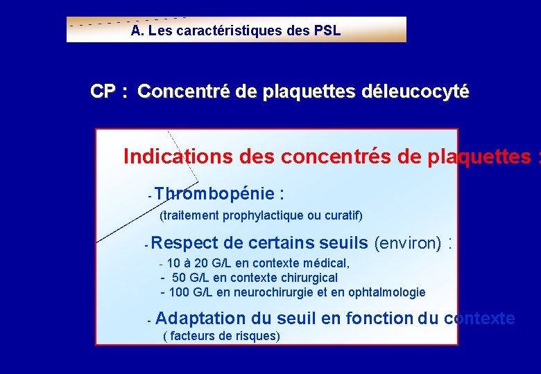 A. Les caractéristiques des PSL CP : Concentré de plaquettes déleucocyté Indications des concentrés